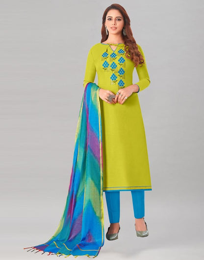 Desirable Lime Green Cotton Embriodery Unstitched Salwar Suit | Sudathi