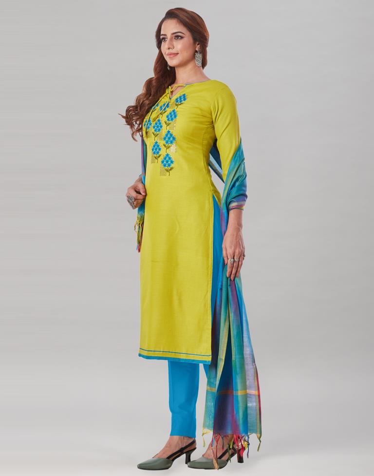 Desirable Lime Green Cotton Embriodery Unstitched Salwar Suit | Sudathi