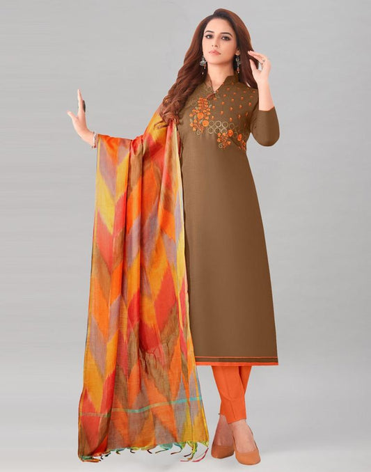 Designer Brown Cotton Embriodery Unstitched Salwar Suit | Sudathi