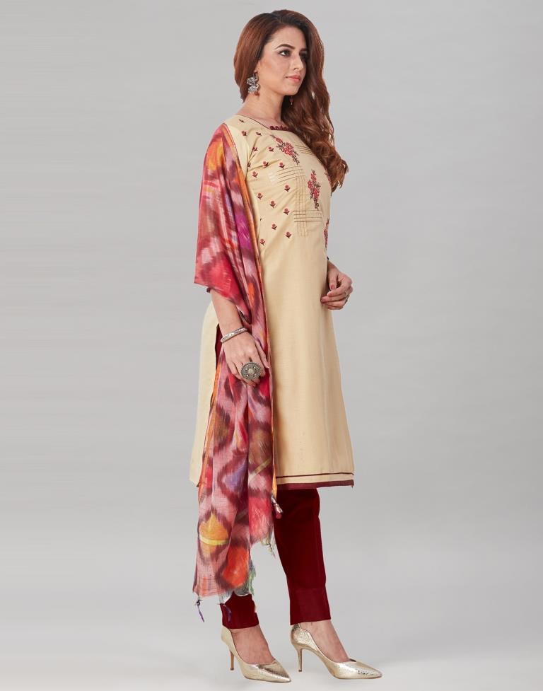 Beguiling Cream Cotton Embriodery Unstitched Salwar Suit | Sudathi