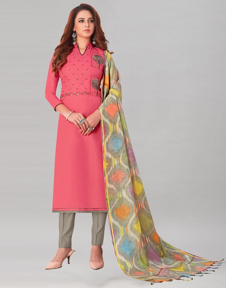 Fantastic Punch Pink Cotton Embriodery Unstitched Salwar Suit | Sudathi