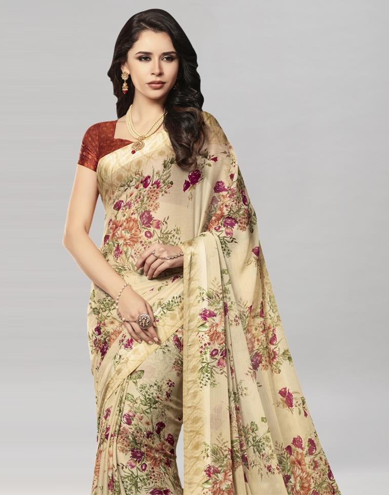 Beige Printed Chiffon Saree