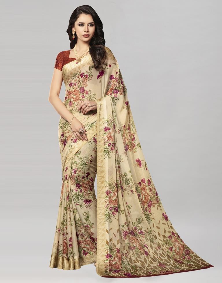 Beige Printed Chiffon Saree