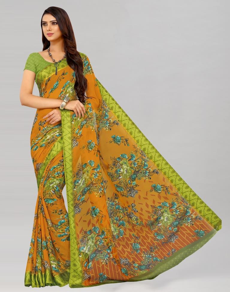 Yellow Printed Chiffon Saree