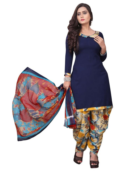 Trendy Navy Blue Printed Unstitched Salwar Suit | Sudathi