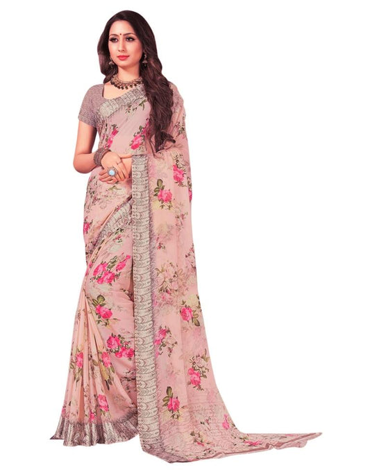 Peach Coloured Chiffon Printed Saree | Sudathi