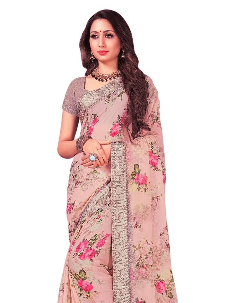 Peach Coloured Chiffon Printed Saree | Sudathi