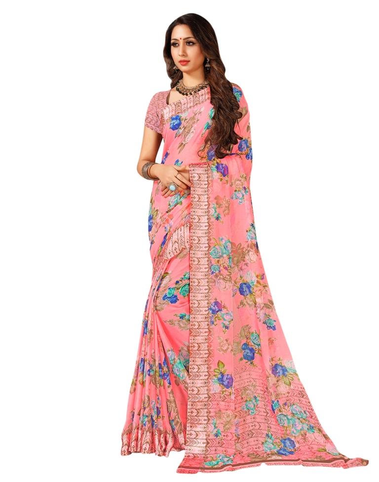 Pink Coloured Chiffon Printed Saree | Sudathi