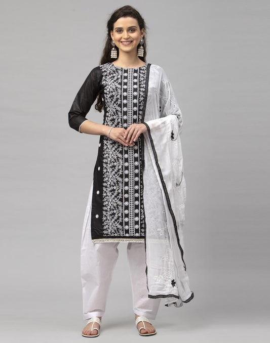 Elegant Black Cotton Embroidered Unstitched Salwar Suit | Sudathi