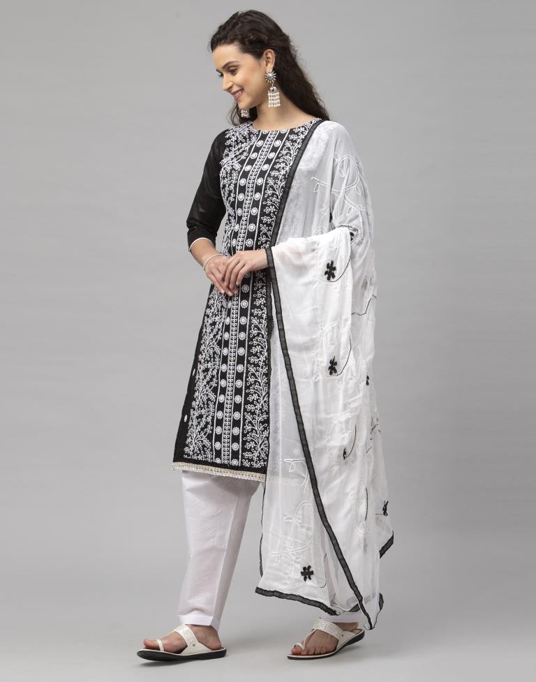 Elegant Black Cotton Embroidered Unstitched Salwar Suit | Sudathi