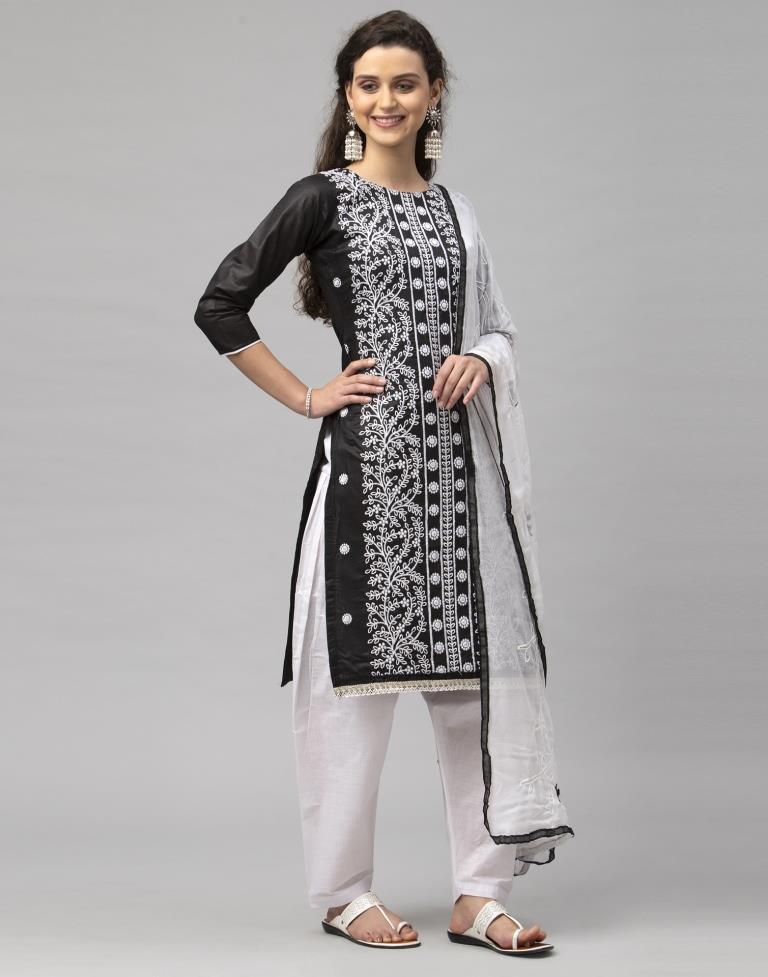 Elegant Black Cotton Embroidered Unstitched Salwar Suit | Sudathi