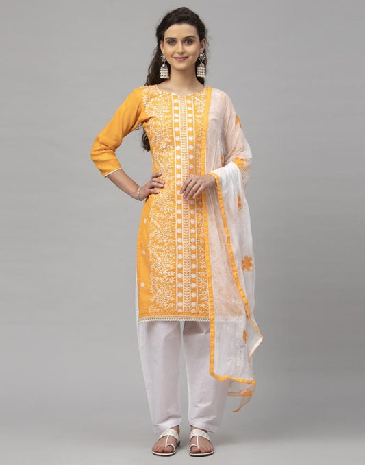 Dynamic Turmeric Yellow Cotton Embroidered Unstitched Salwar Suit | Sudathi