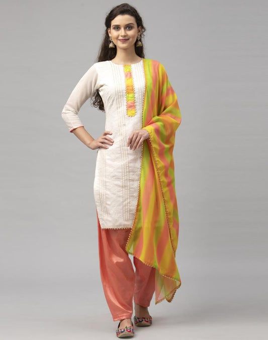 Blooming Off White Cotton Embroidered Unstitched Salwar Suit | Sudathi