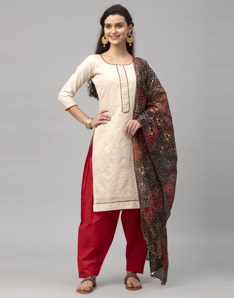 Enigmatic Off White Cotton Embroidered Unstitched Salwar Suit | Sudathi