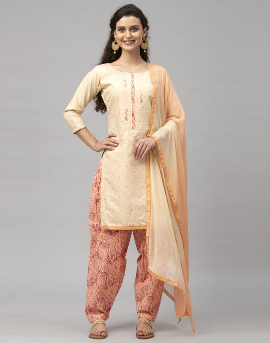 Decent Cream Cotton Embroidered Unstitched Salwar Suit | Sudathi