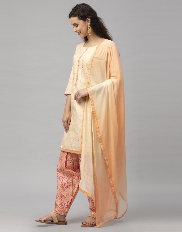Decent Cream Cotton Embroidered Unstitched Salwar Suit | Sudathi