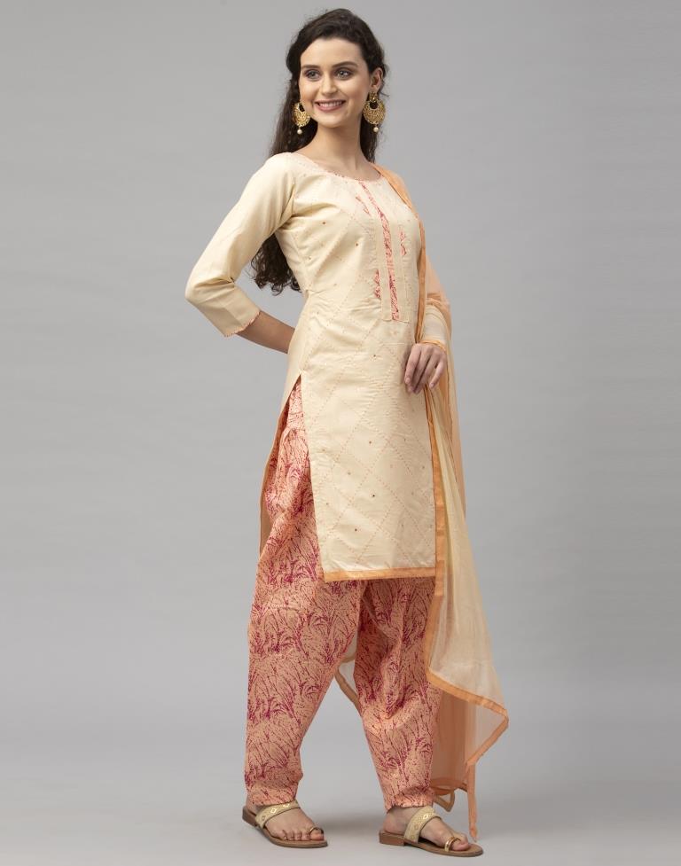 Decent Cream Cotton Embroidered Unstitched Salwar Suit | Sudathi
