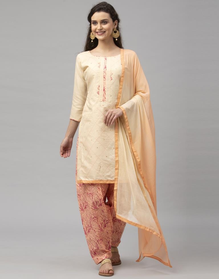 Decent Cream Cotton Embroidered Unstitched Salwar Suit | Sudathi