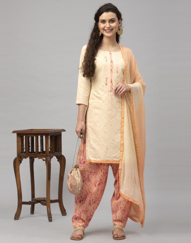 Decent Cream Cotton Embroidered Unstitched Salwar Suit | Sudathi