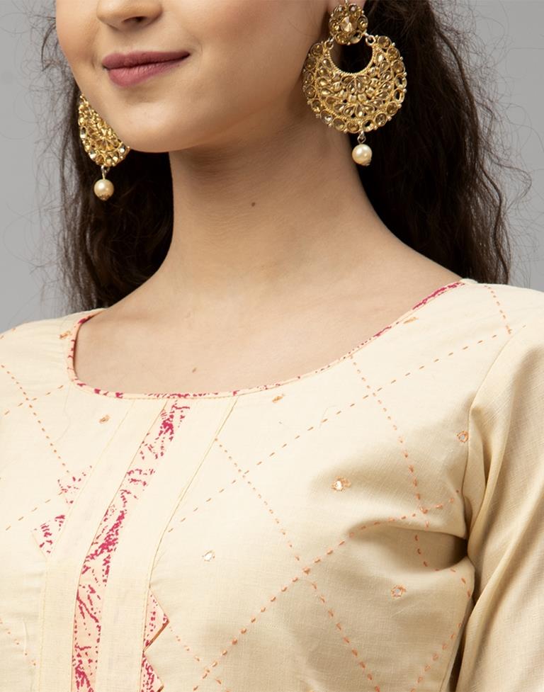 Decent Cream Cotton Embroidered Unstitched Salwar Suit | Sudathi