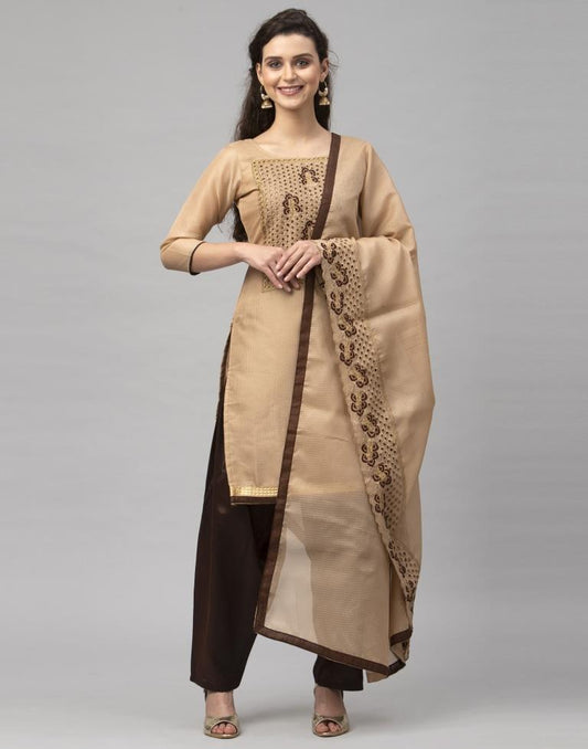 Exquisite Beige Cotton Embroidered Unstitched Salwar Suit | Sudathi