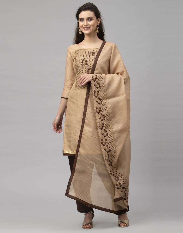 Exquisite Beige Cotton Embroidered Unstitched Salwar Suit | Sudathi