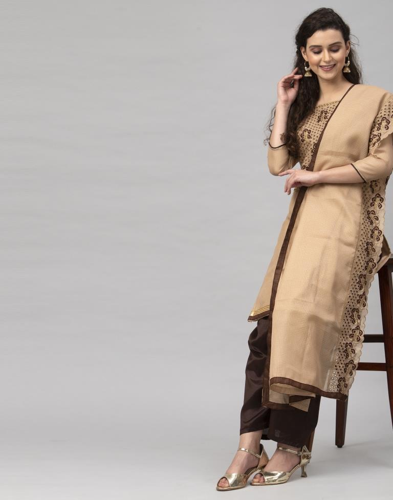 Exquisite Beige Cotton Embroidered Unstitched Salwar Suit | Sudathi