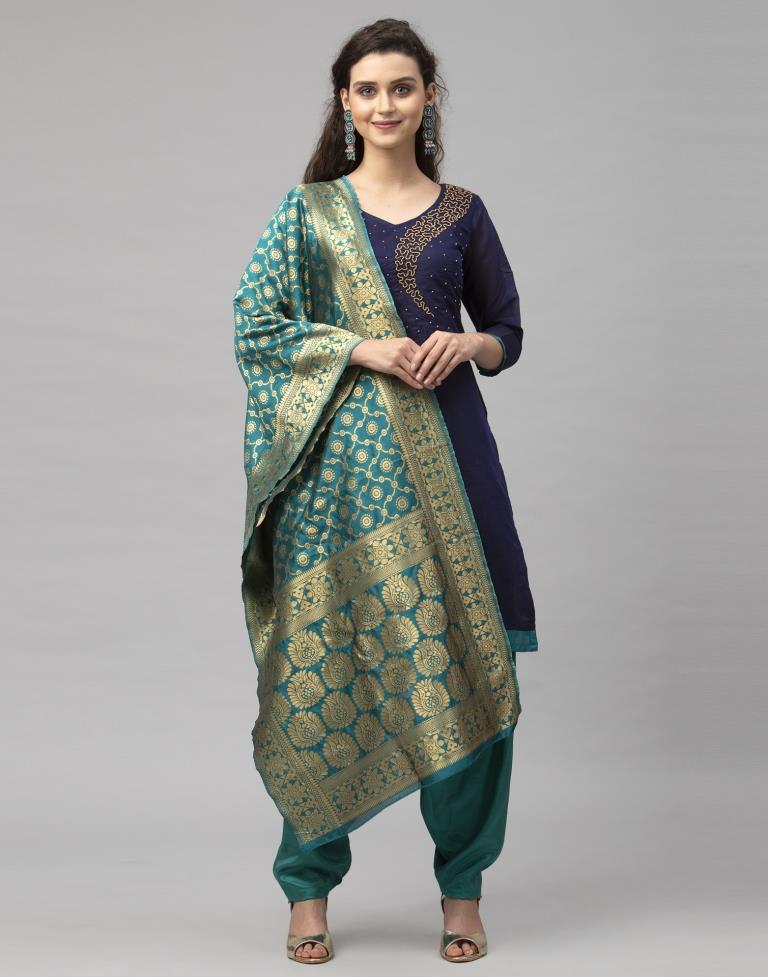 Contemporary Navy Blue Cotton Beads Work Unstitched Salwar Suit | Sudathi