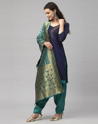 Contemporary Navy Blue Cotton Beads Work Unstitched Salwar Suit | Sudathi