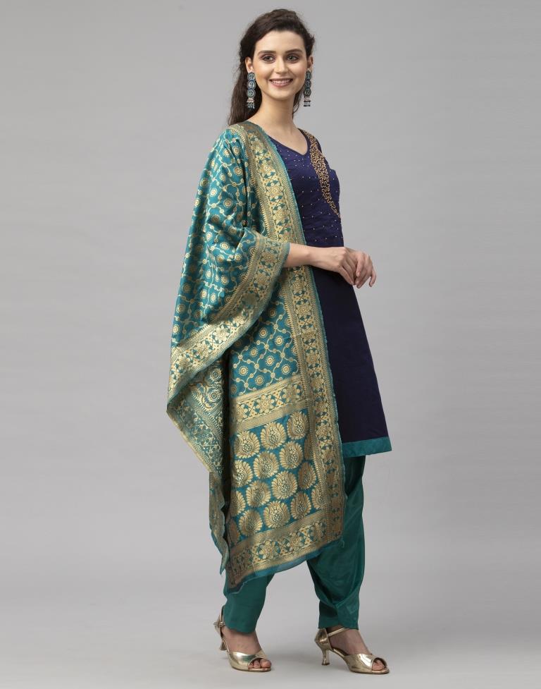 Contemporary Navy Blue Cotton Beads Work Unstitched Salwar Suit | Sudathi