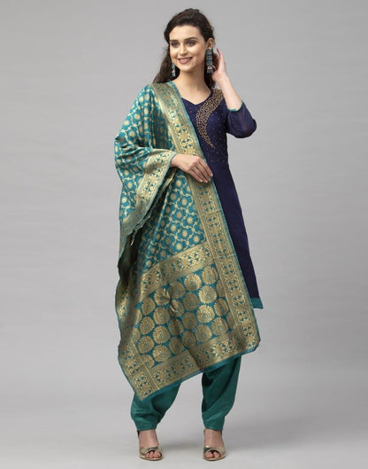 Contemporary Navy Blue Cotton Beads Work Unstitched Salwar Suit | Sudathi