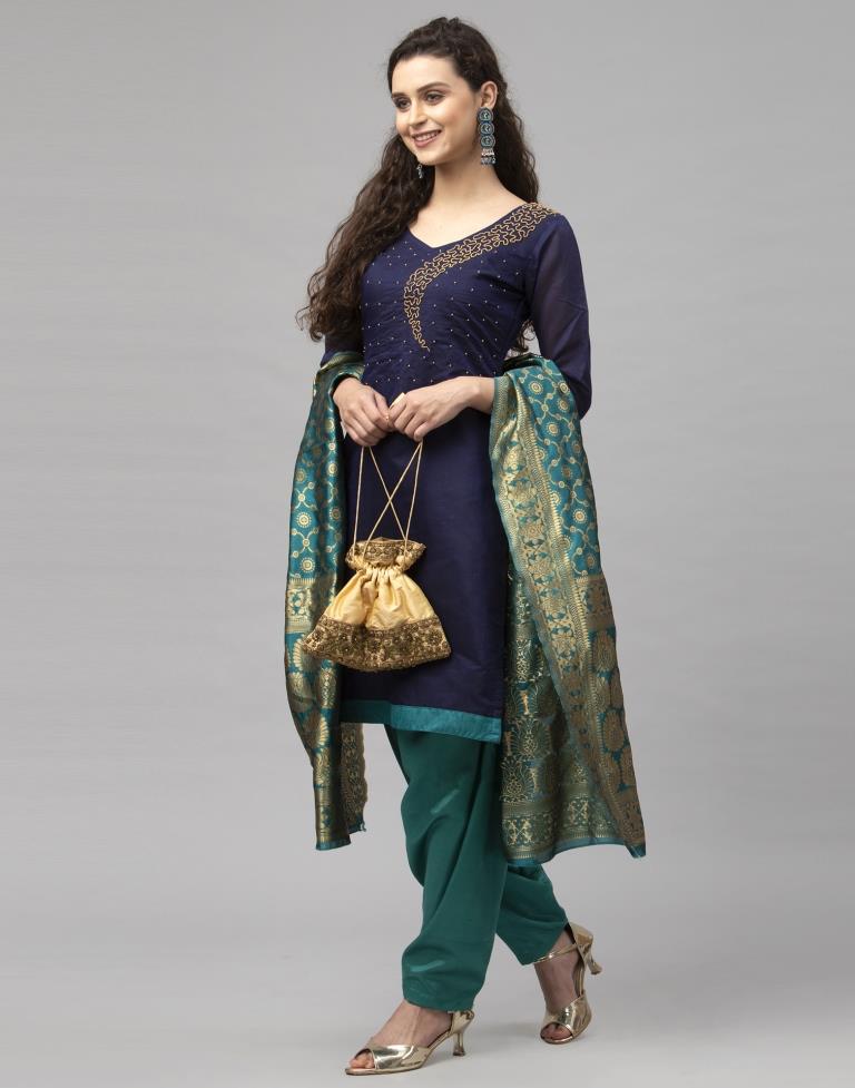 Contemporary Navy Blue Cotton Beads Work Unstitched Salwar Suit | Sudathi