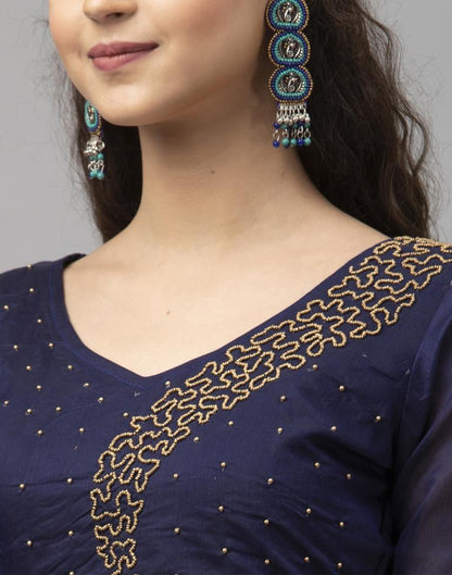 Contemporary Navy Blue Cotton Beads Work Unstitched Salwar Suit | Sudathi