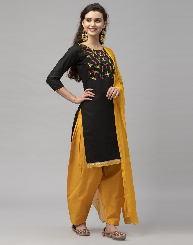 Brilliant Black Cotton Thread Work Unstitched Salwar Suit | Sudathi