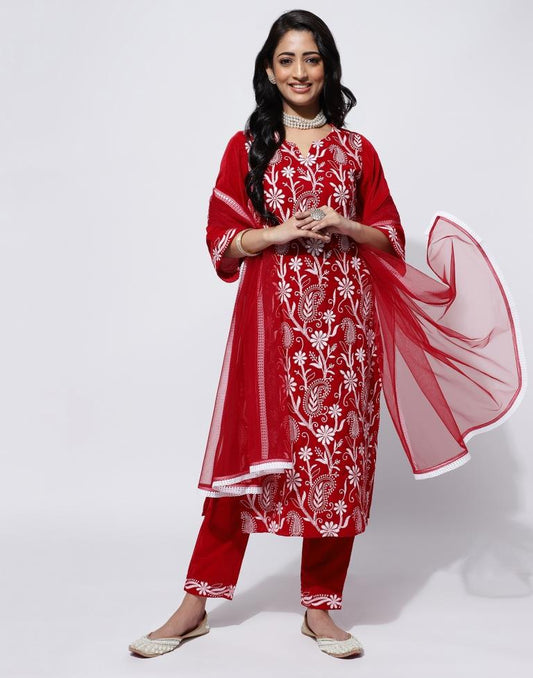 Red Embroidered Kurti With Pant And Dupatta