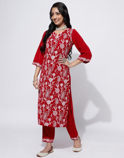 Red Embroidered Kurti With Pant And Dupatta