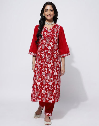 Red Embroidered Kurti With Pant And Dupatta