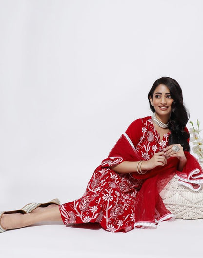 Red Embroidered Kurti With Pant And Dupatta