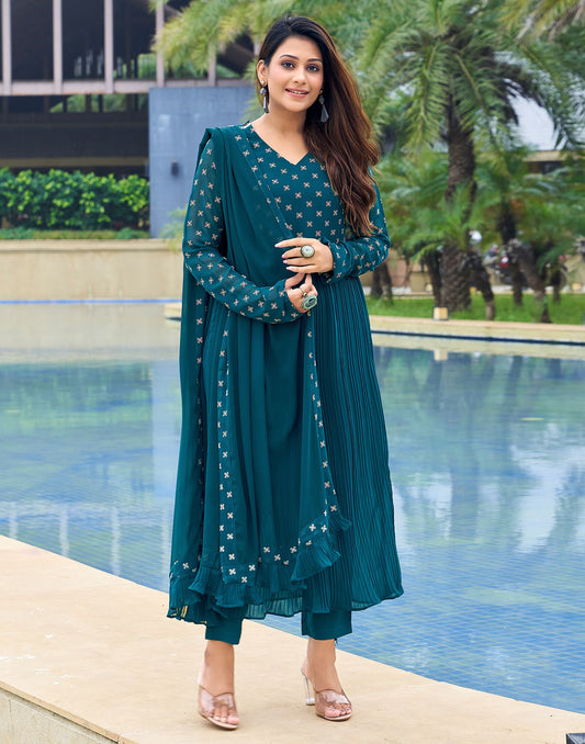 Teal Blue Printed Georgette A-Line Kurta With Pant And Dupatta