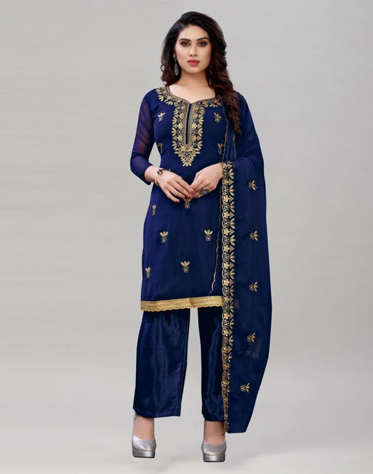 Creative Navy Blue Georgette Embroidered Unstitched Salwar Suit | Sudathi