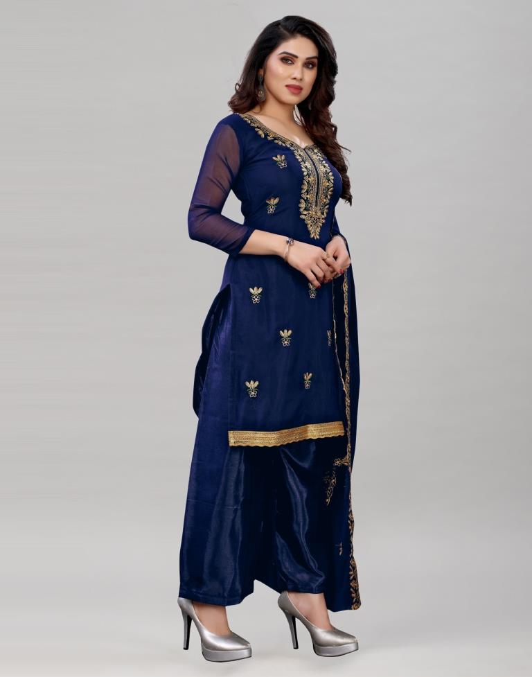 Creative Navy Blue Georgette Embroidered Unstitched Salwar Suit | Sudathi