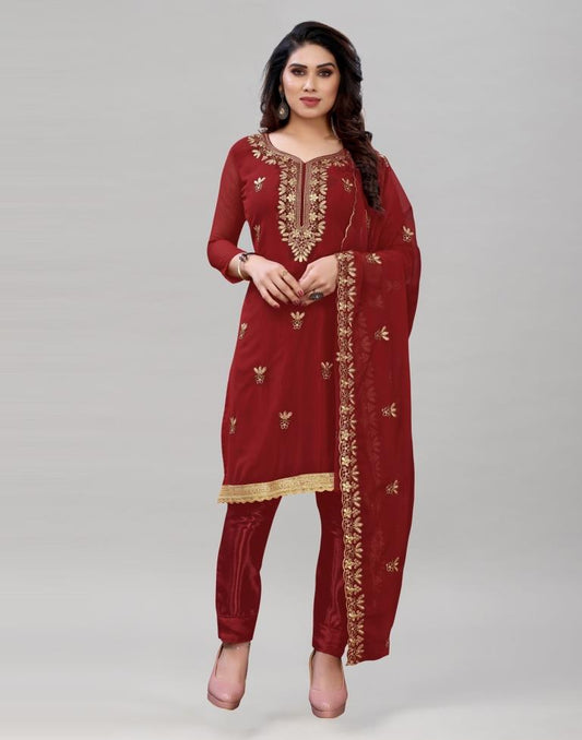 Enticing Maroon Georgette Embroidered Unstitched Salwar Suit | Sudathi