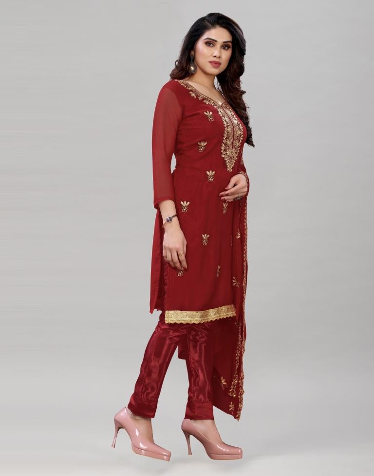 Enticing Maroon Georgette Embroidered Unstitched Salwar Suit | Sudathi