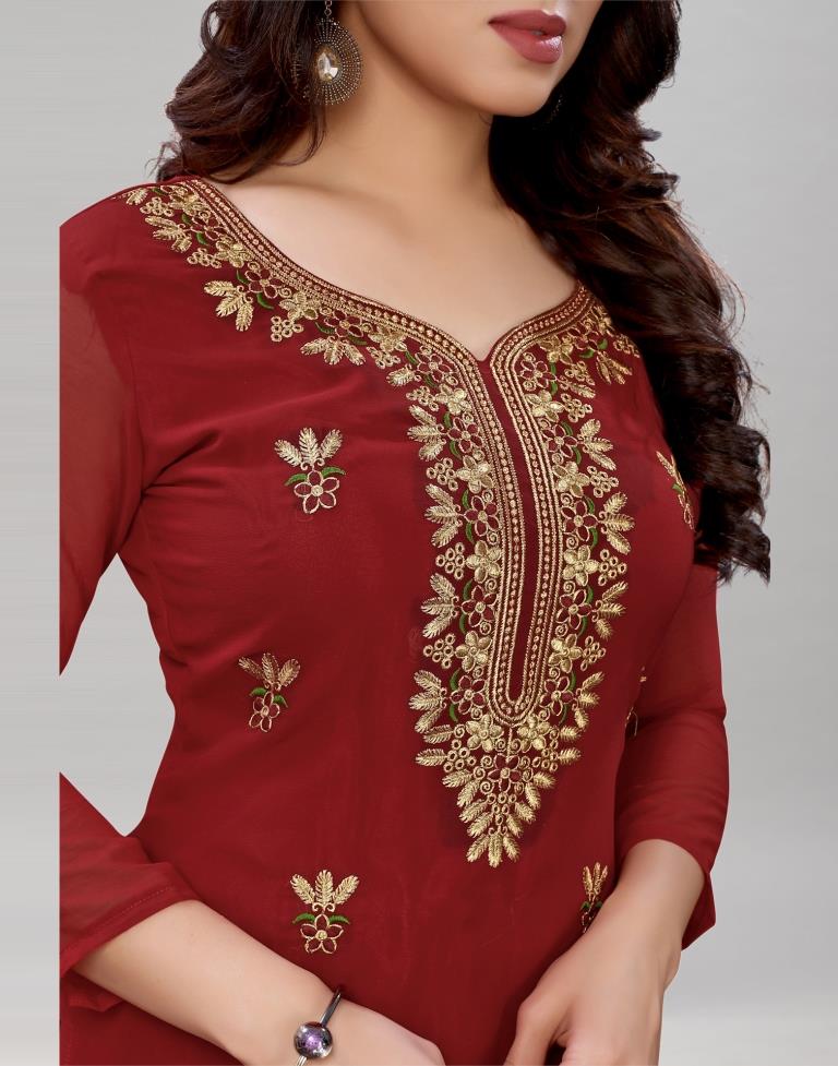 Enticing Maroon Georgette Embroidered Unstitched Salwar Suit | Sudathi