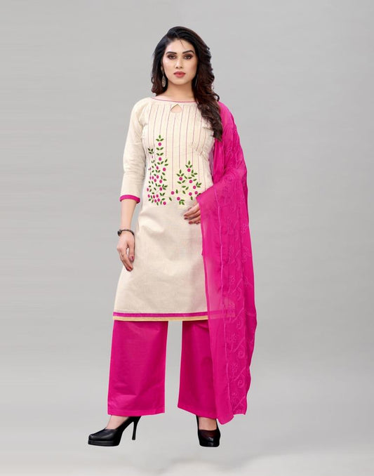 Striking Off White Cotton Embroidered Unstitched Salwar Suit | Sudathi