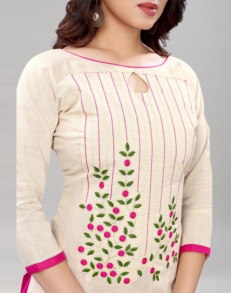 Striking Off White Cotton Embroidered Unstitched Salwar Suit | Sudathi