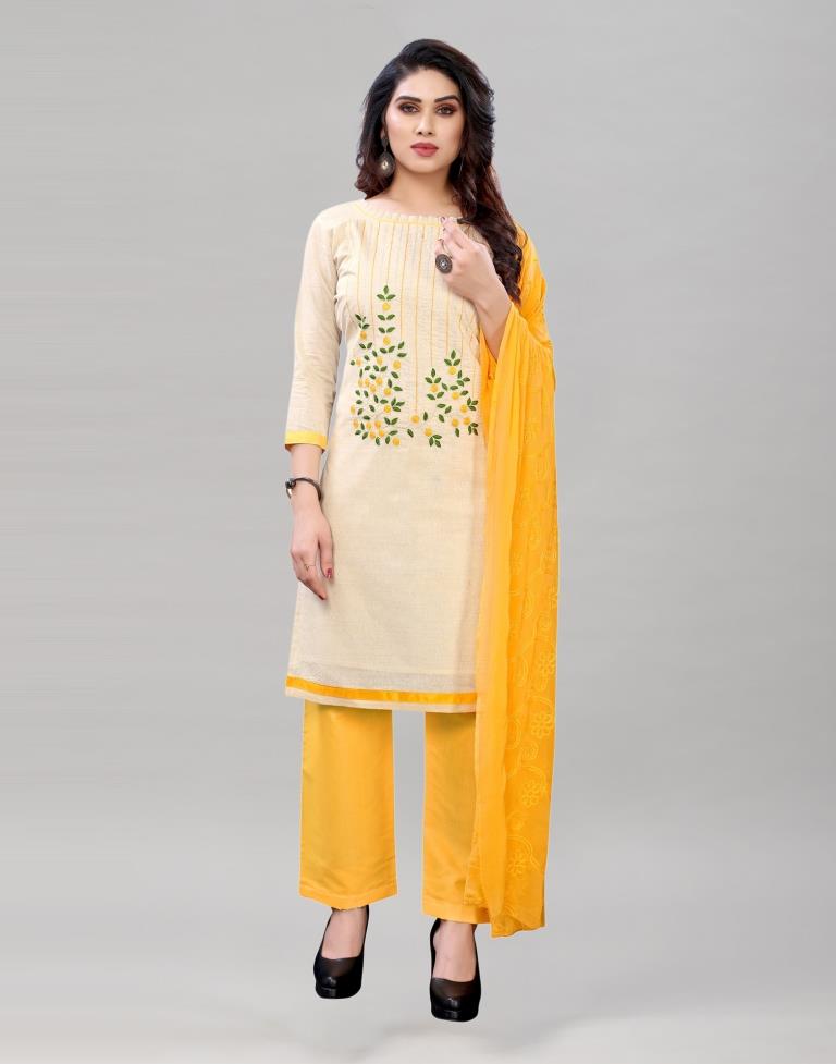 Enchanting Off White Cotton Embroidered Unstitched Salwar Suit | Sudathi