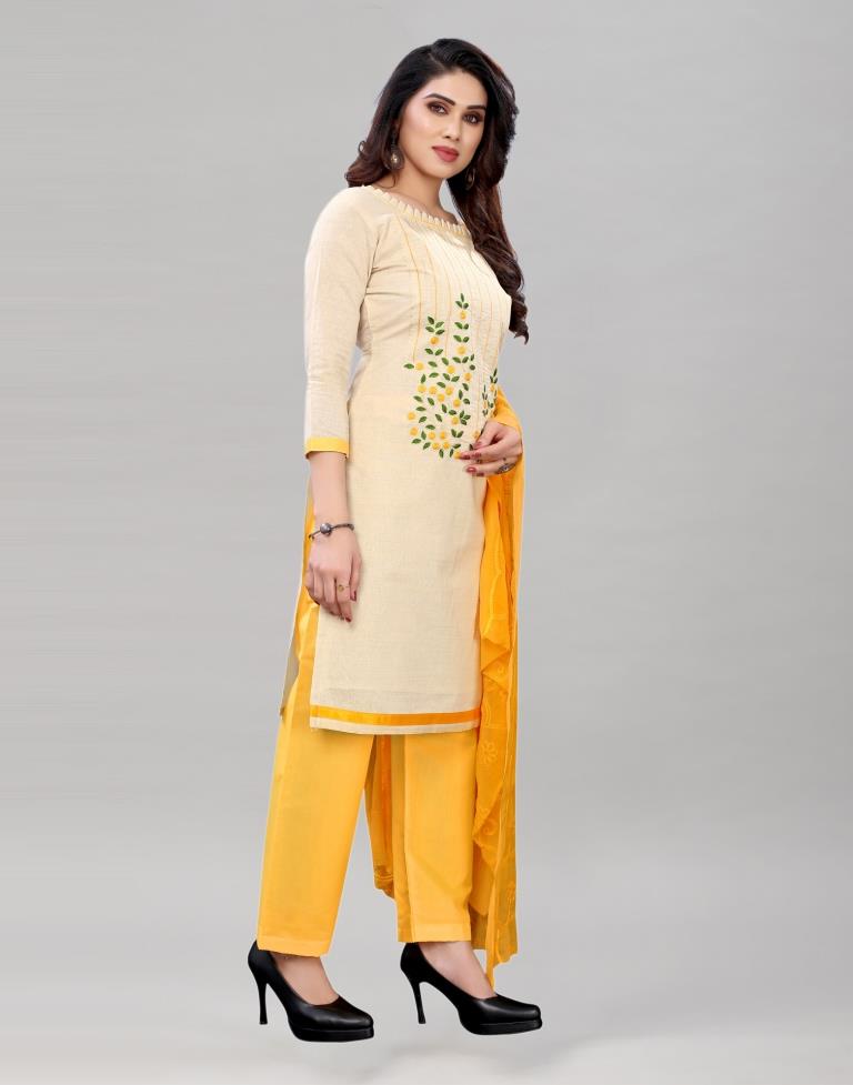 Enchanting Off White Cotton Embroidered Unstitched Salwar Suit | Sudathi