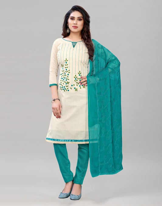 Mesmerising Off White Cotton Embroidered Unstitched Salwar Suit | Sudathi