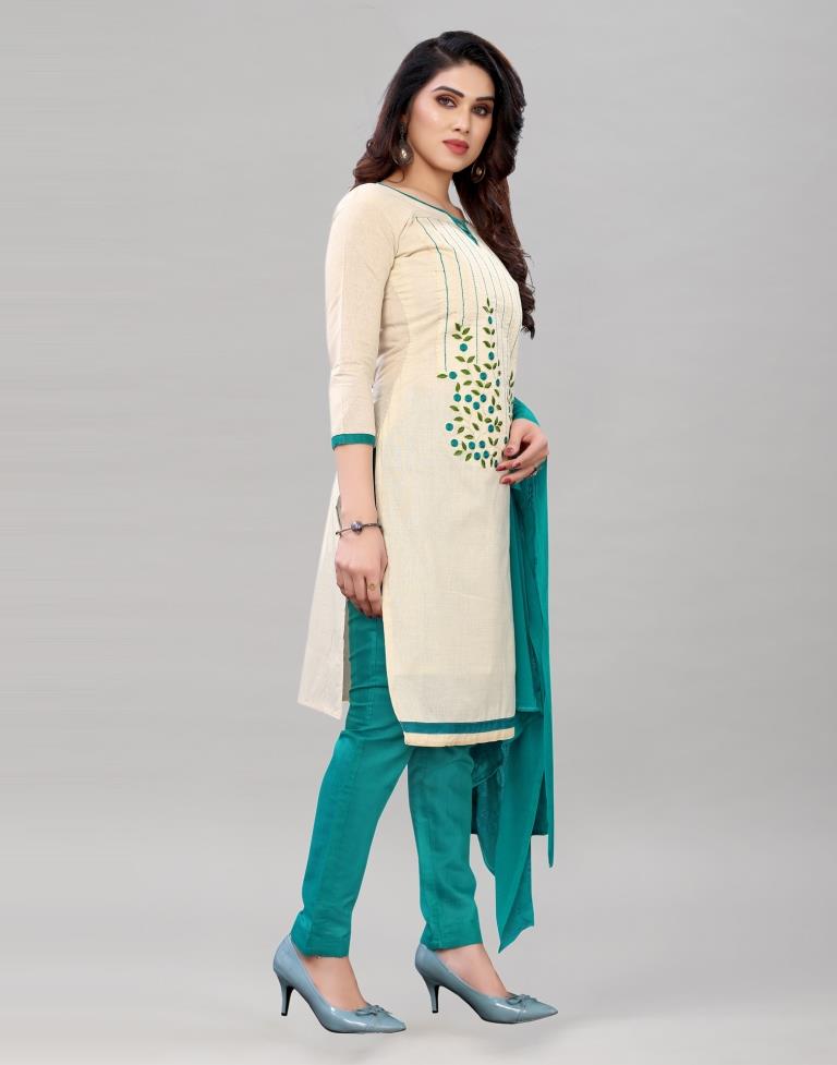 Mesmerising Off White Cotton Embroidered Unstitched Salwar Suit | Sudathi